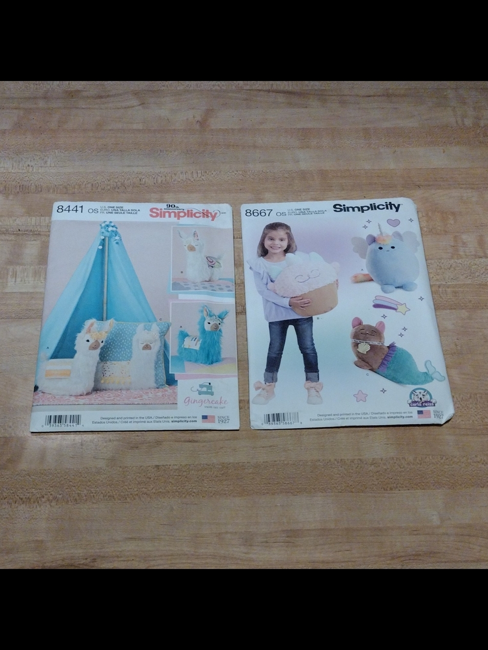 Lot of 2 Simplicity Craft Patterns 8441 8667 Llama Kitty Unicorn Mermaid Pillow